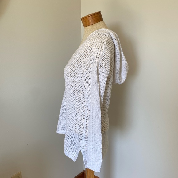 J Jill White Knit open weave V-Neck Sweater with hood Sz S petite 100% cotton - Picture 3 of 9